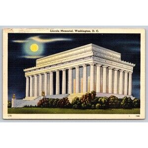 Postcard Washington D. C.  Lincoln Memorial at Night Full Moon Linen c1940s VTG